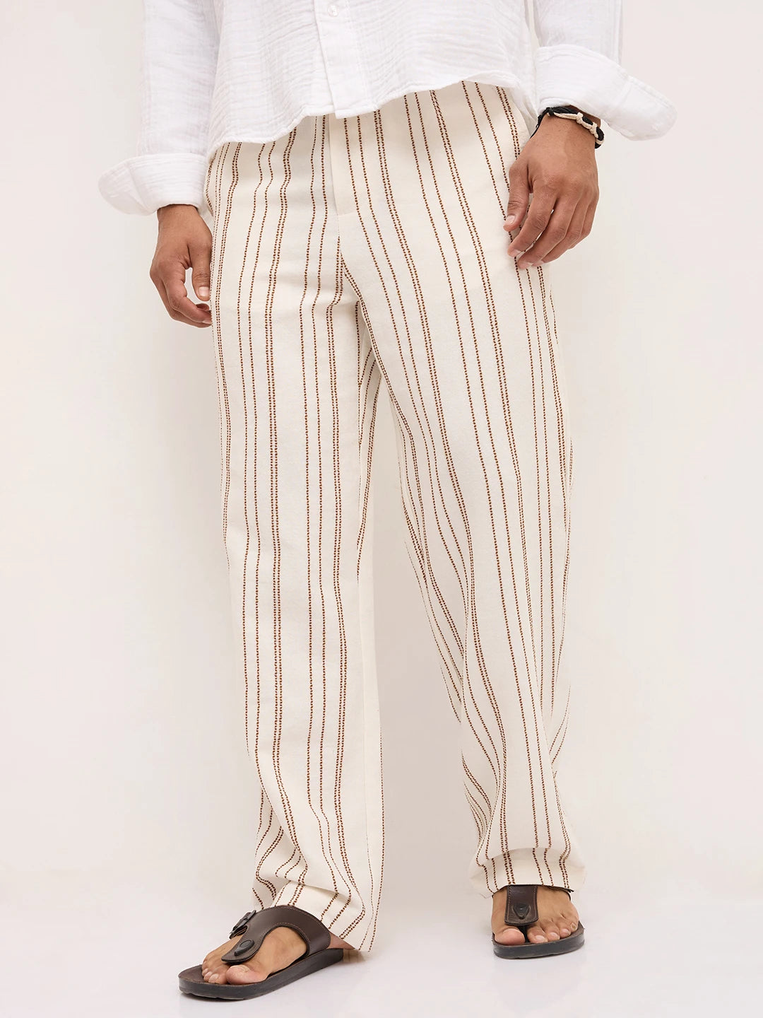 Artistic Off-White Crochet Striped Straight Fit Trousers