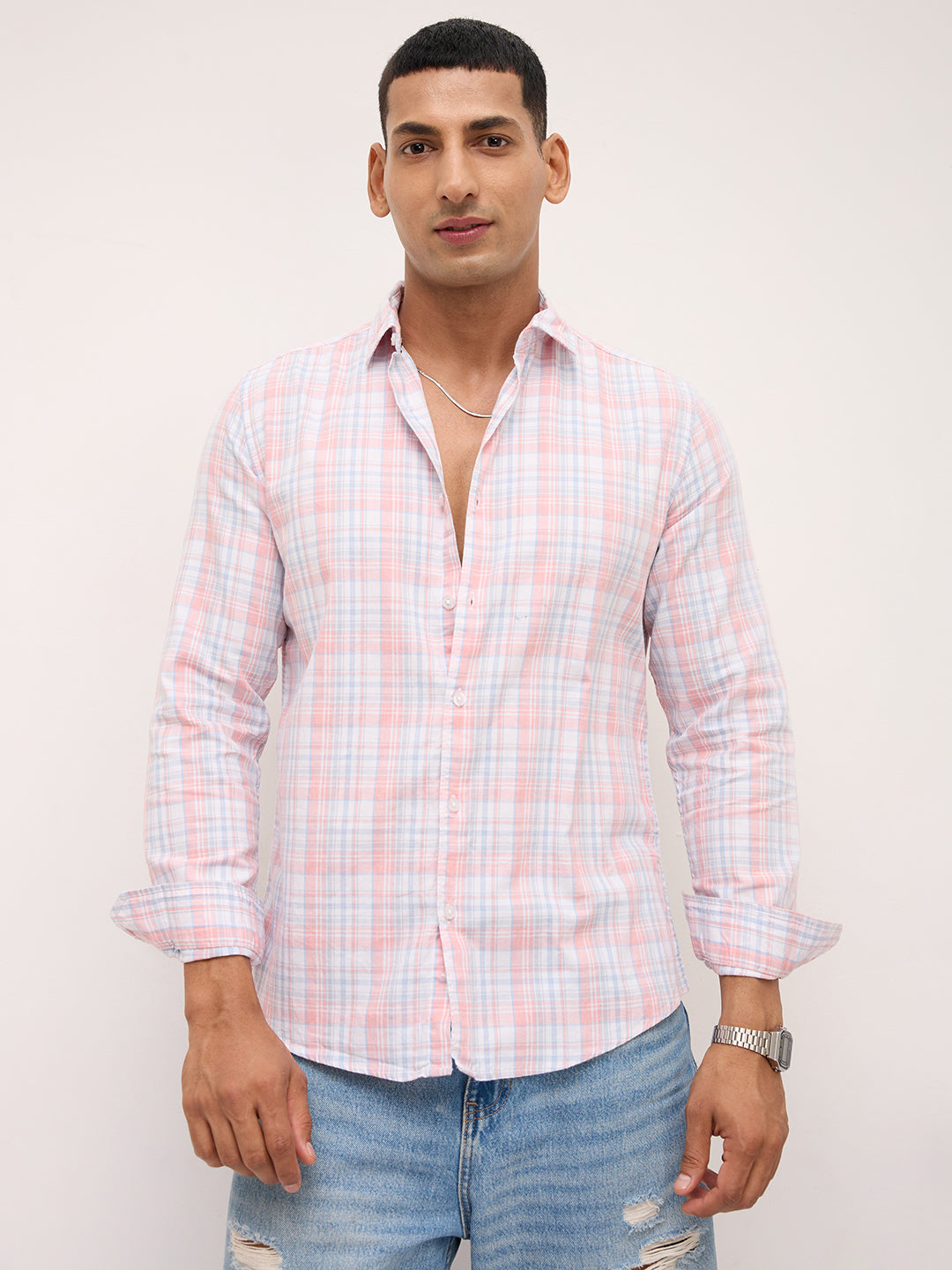 Soft Peach & Blue Pastel Grid Checks Shirt