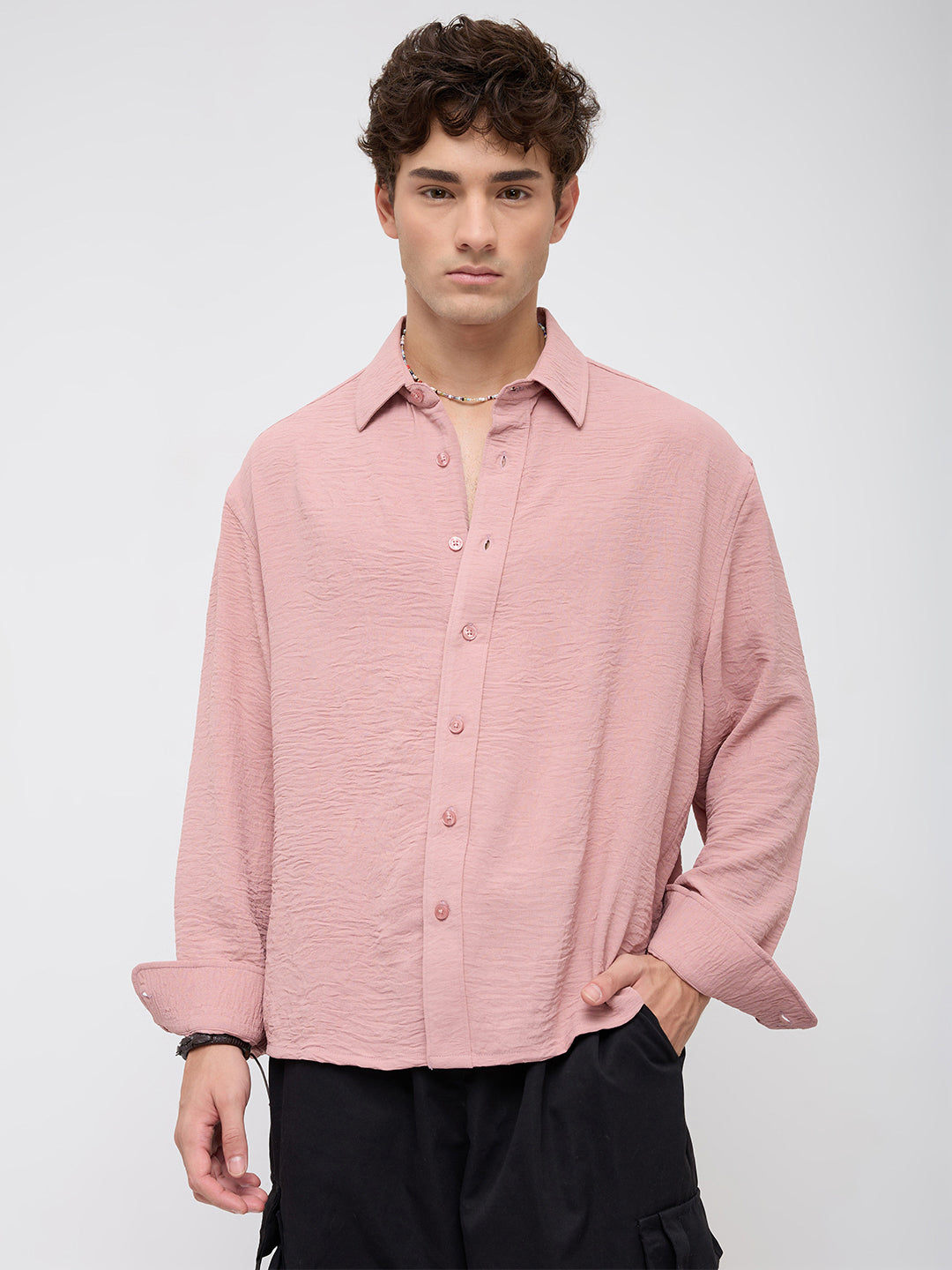 Trendy Spanish Pink Lightweight Crinkled Boxy Fit Crop Shirt