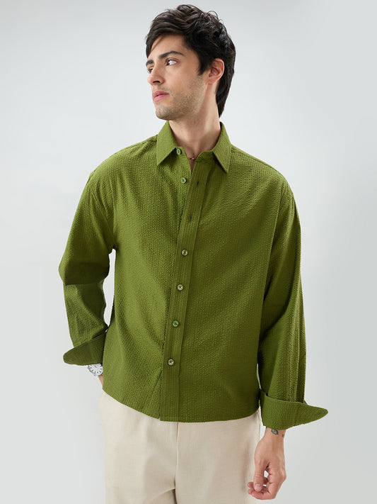 Basil Green Seersucker Striped Boxy Fit Crop Shirt