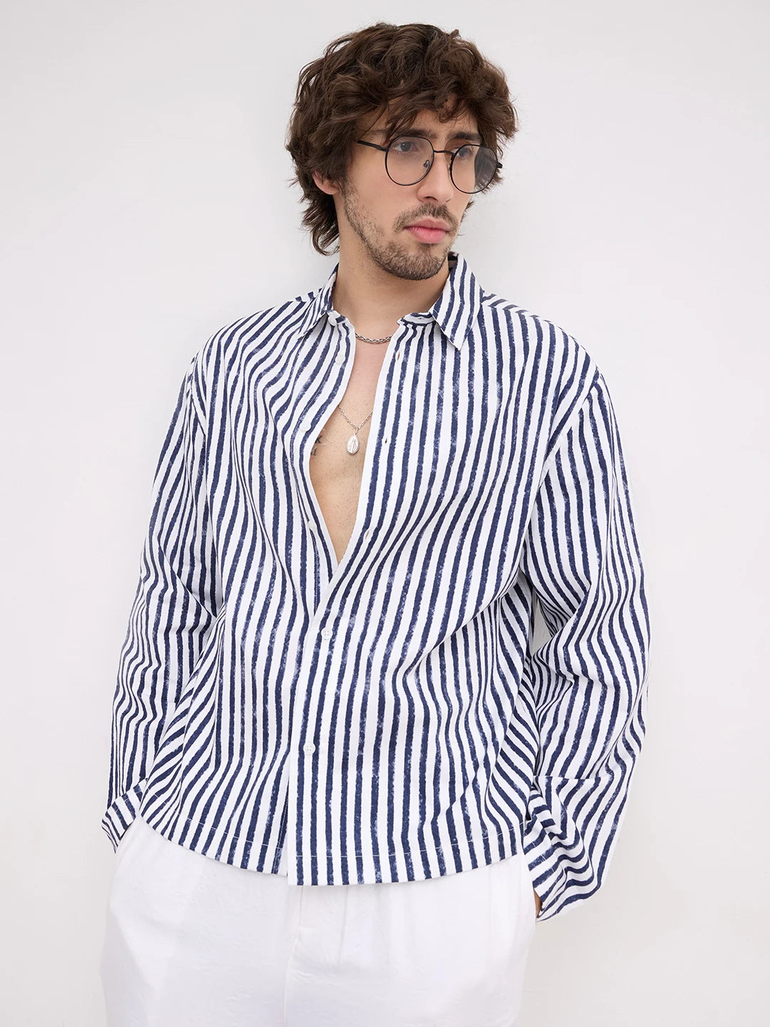 Navy Brushed Striped Weekend Escape Cuffless Oversized Shirt