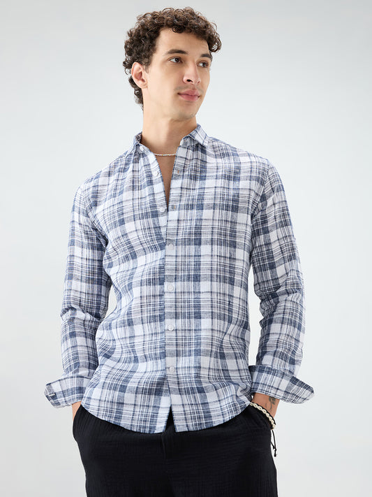 Navy & White Plaid Checks Textured Shirt