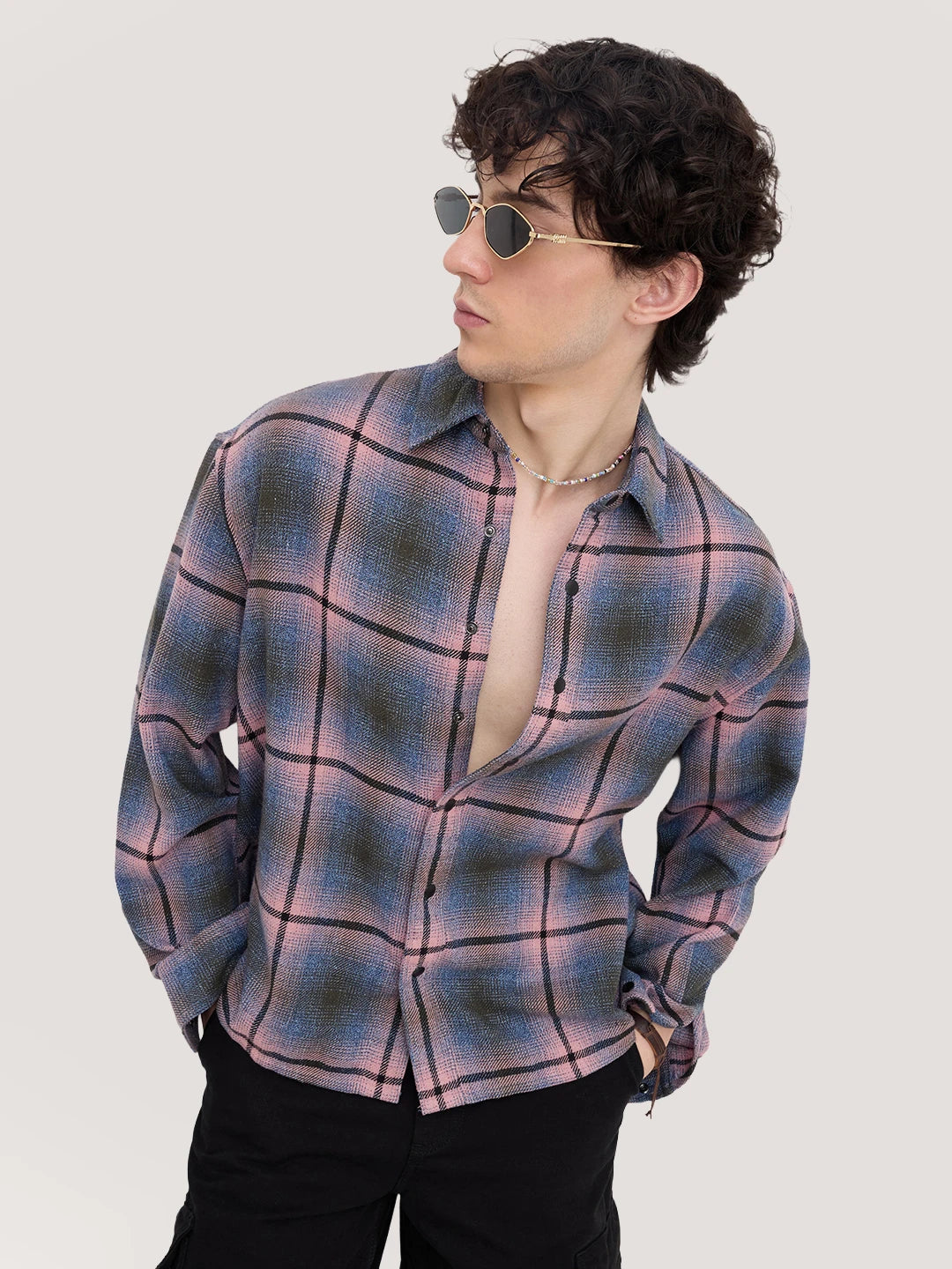 Pink & Blue Flannel Plaid Checks Boxy Fit Crop Shirt