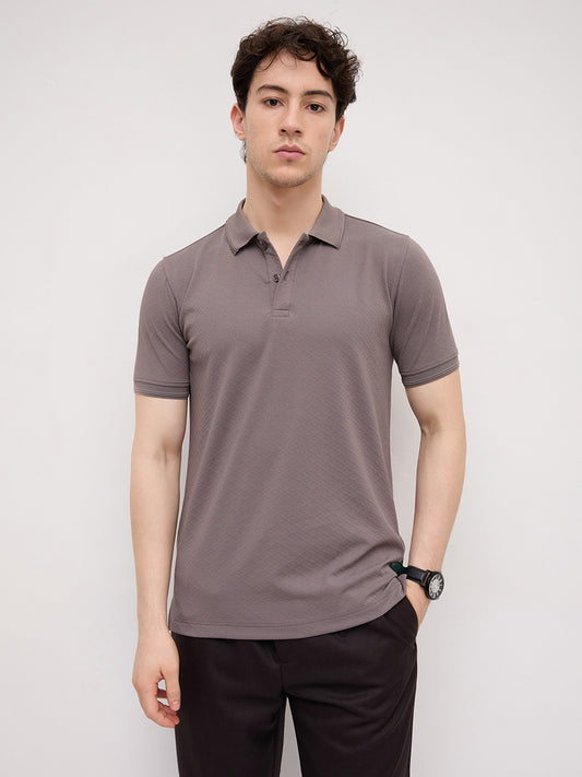 Grey Diamond Weave Polo Knit T-Shirt