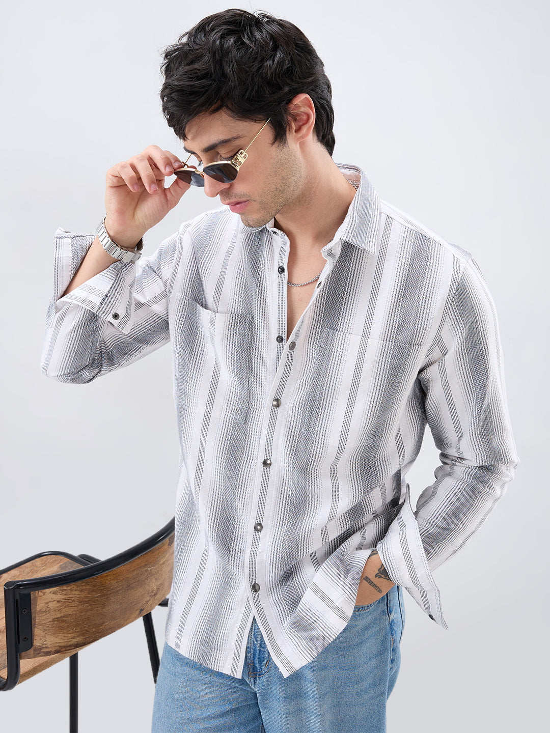 Contrast Echo Grey Stripscape Double Pocket Overshirt