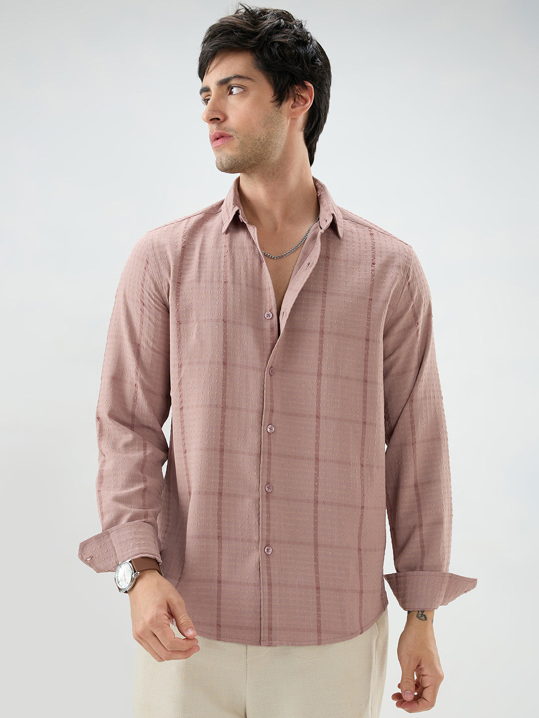 Vintage Peach Micro Checks Textured Shirt