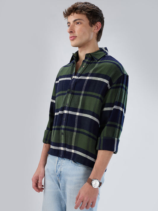 Olive & Navy Checked Boxy Fit Crop Flannel Shirt