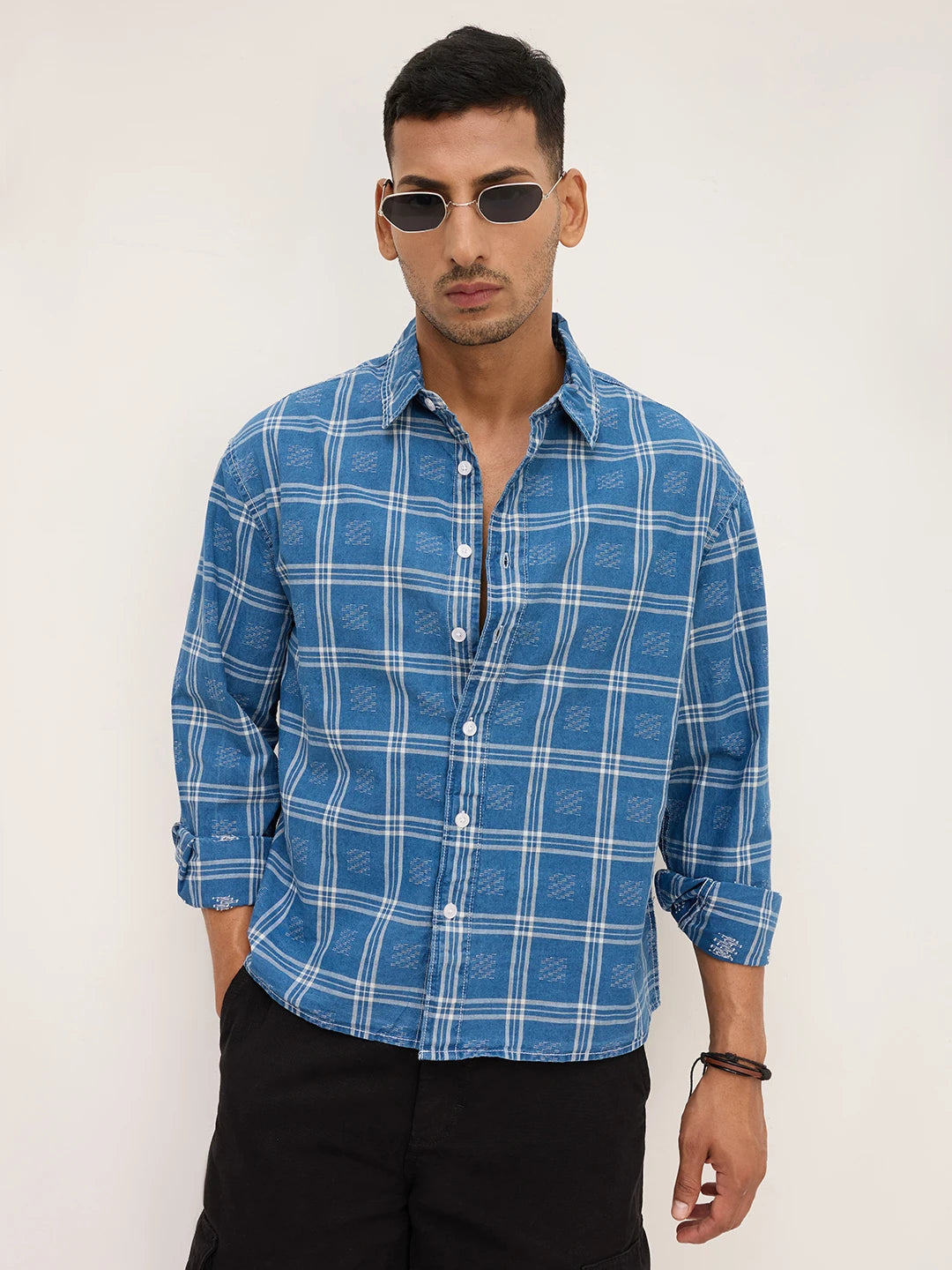 Denim Contrast Frame Checks Boxy Fit Crop Shirt