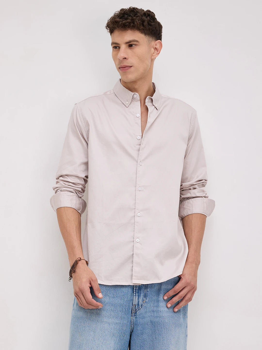 Grey Neutral Edit Satin Button Down Collar Shirt