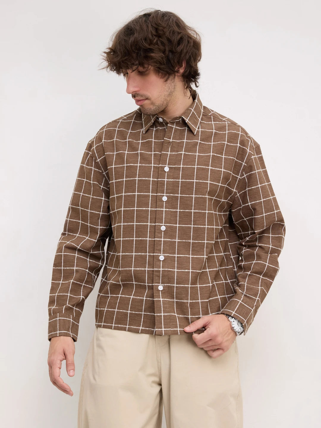 Natural Wood Brown Square Checks Boxy Fit Crop Shirt