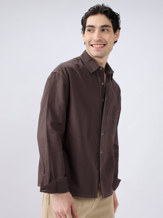 Elegant Brown Linen Contrast Stitch Boxy Fit Crop Shirt
