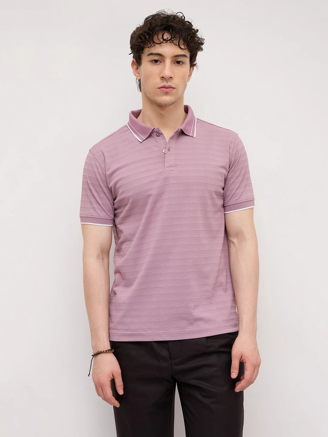 Dusty Lavender Textured Horizontal Stripe Polo Knit T-Shirt
