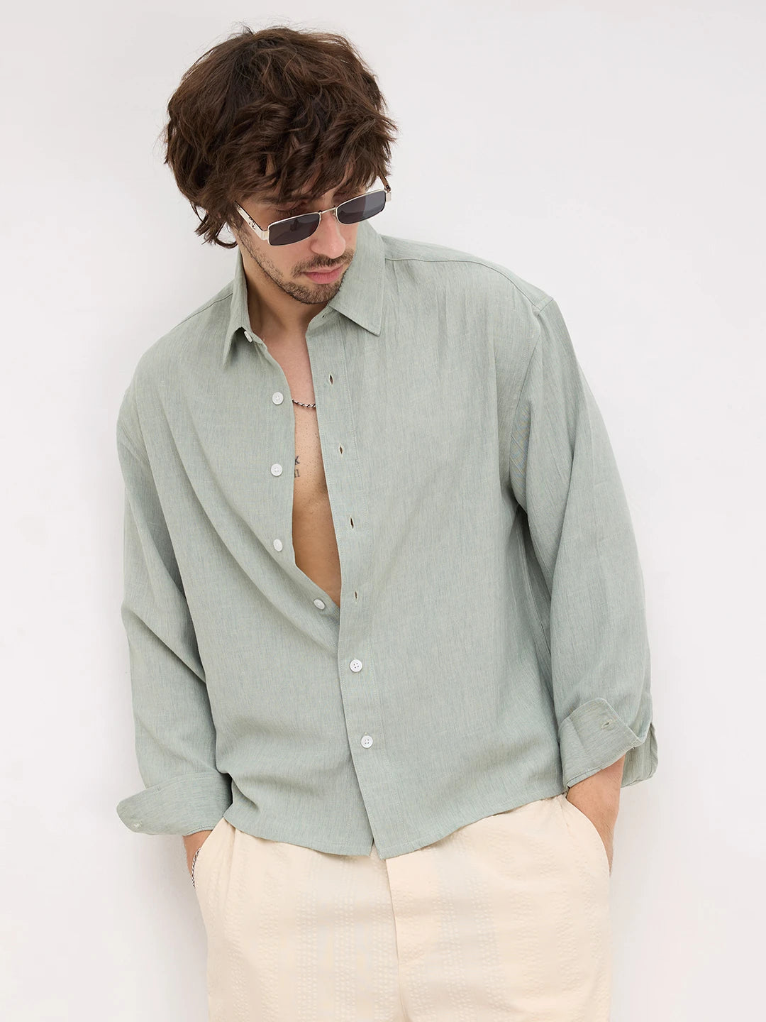 Serene Sage Green Finegrain Weave Boxy Fit Crop Shirt