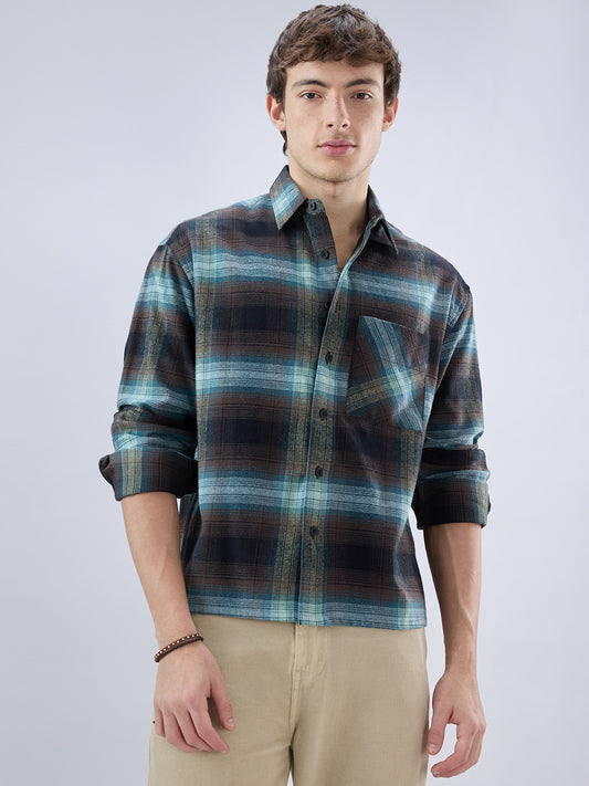 Multicolor Plaid Checked Boxy Fit Crop Flannel Shirt