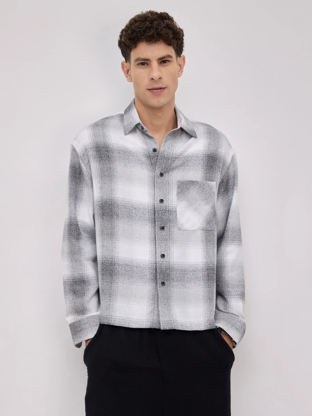 Grey & Black Crosshatch Plaid Checks Boxy Fit Crop Shirt