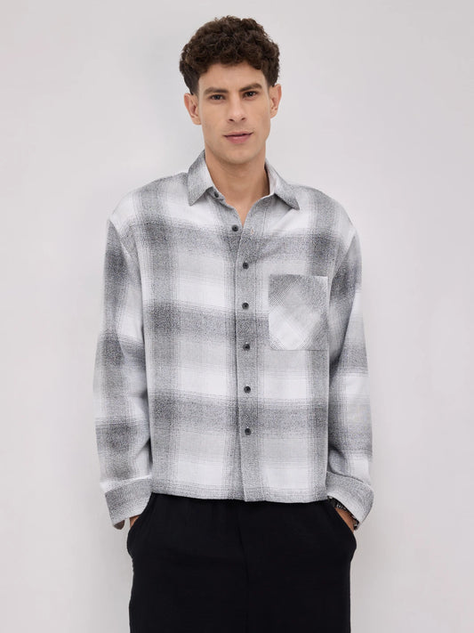 Grey & Black Crosshatch Plaid Checks Boxy Fit Crop Shirt