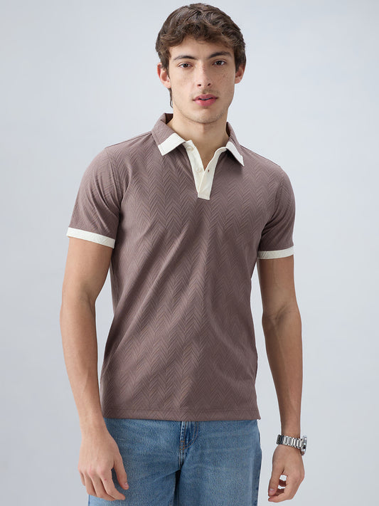 Liver Brown Chevron Contrast Polo Neck T-shirt