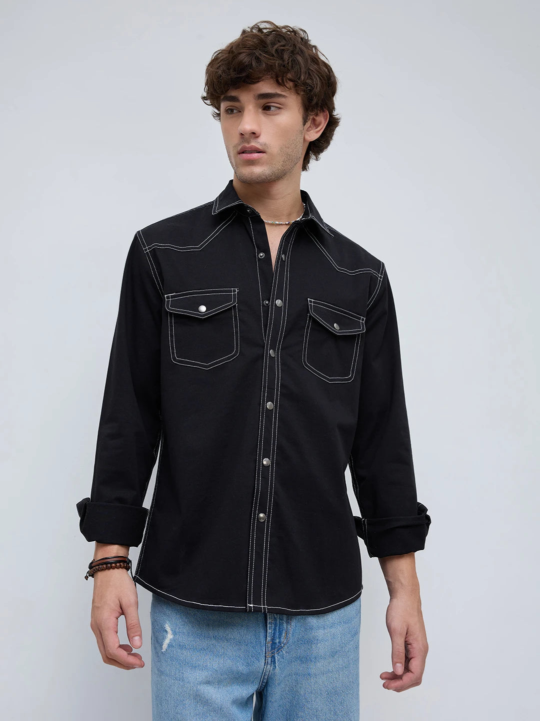 Black Contrast Stitch Twin Pocket Shirt