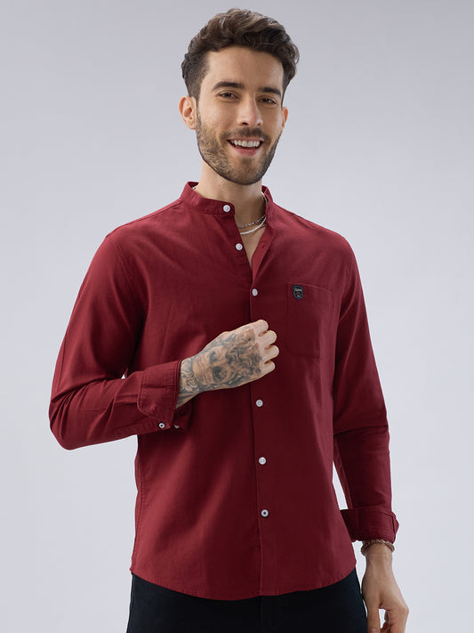 Elegant Berry Red Mandarin Collar Shirt