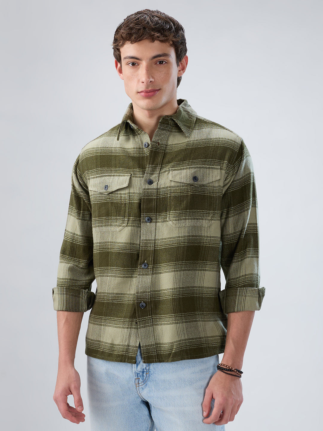 Forest Olive Grid Double Pocket Flannel Shirt