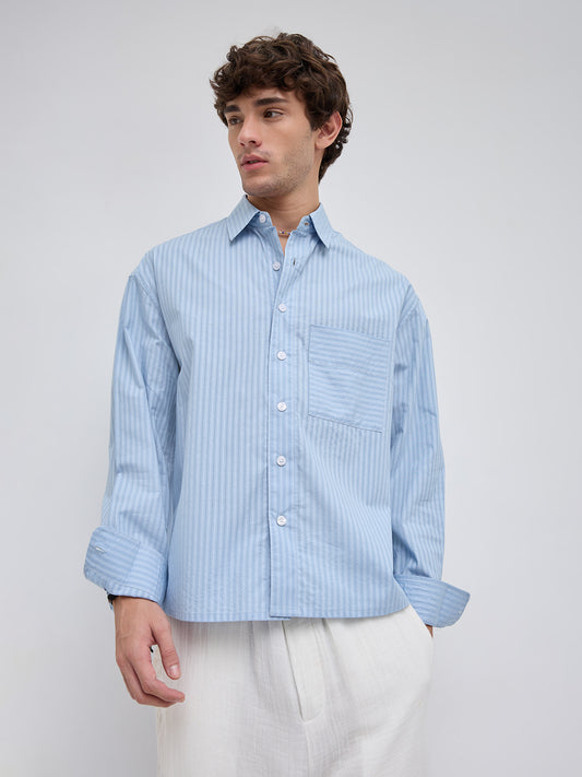 Skyline Blue Sheer Boxy Fit Crop Shirt