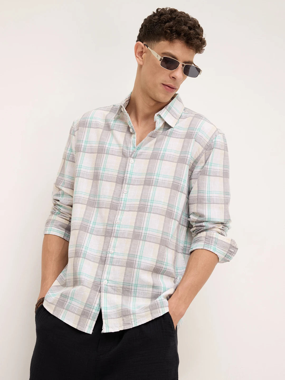 Premium Pastel Green & Grey Plaid Checks Textured Shirt
