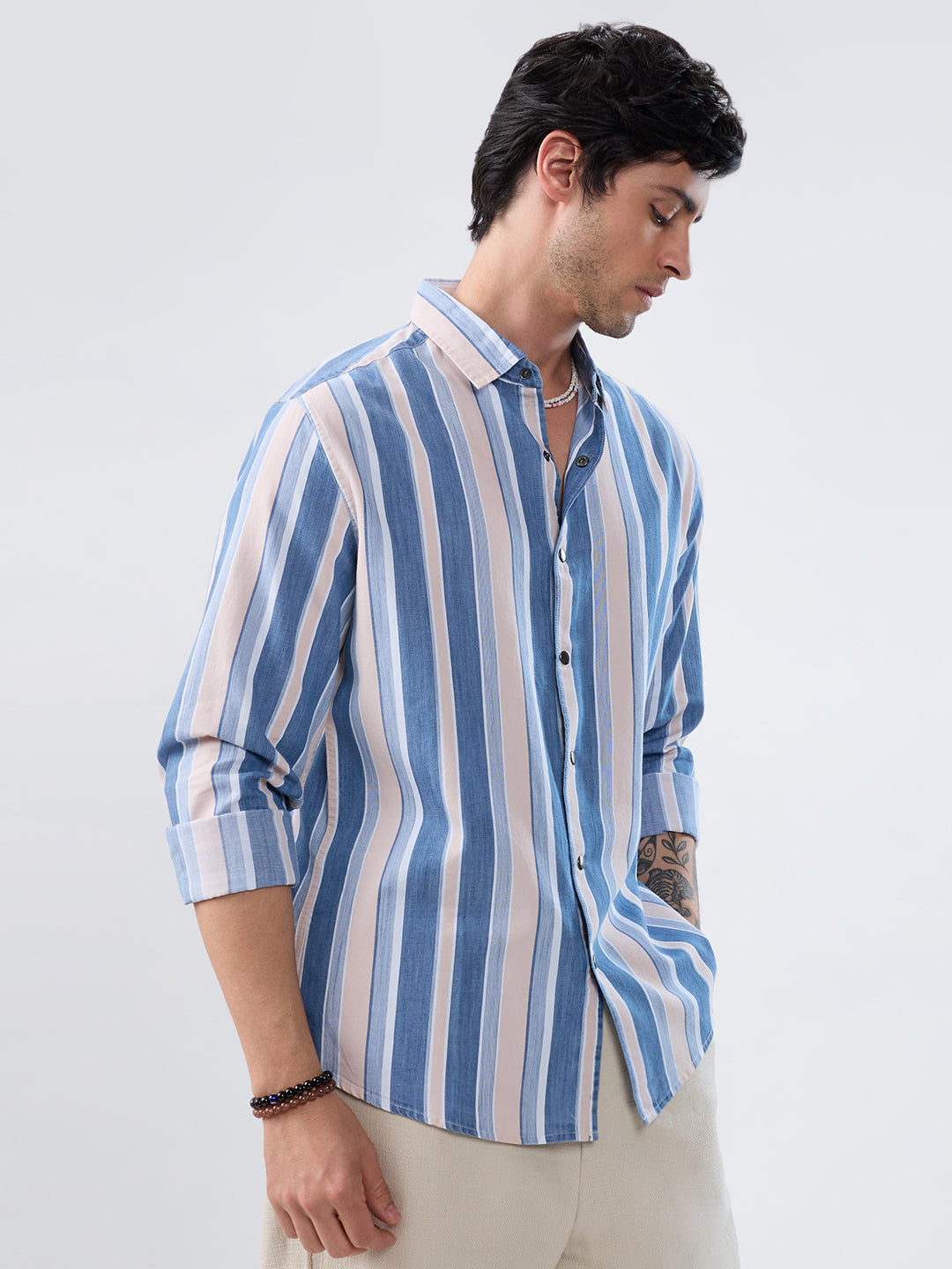 Denim Blue & Peach Broad Striped Shirt