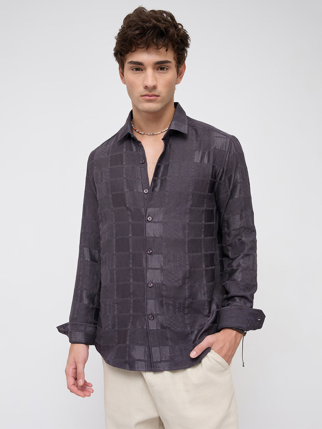 Charcoal Grey Block Checks Motif Embossed Shirt