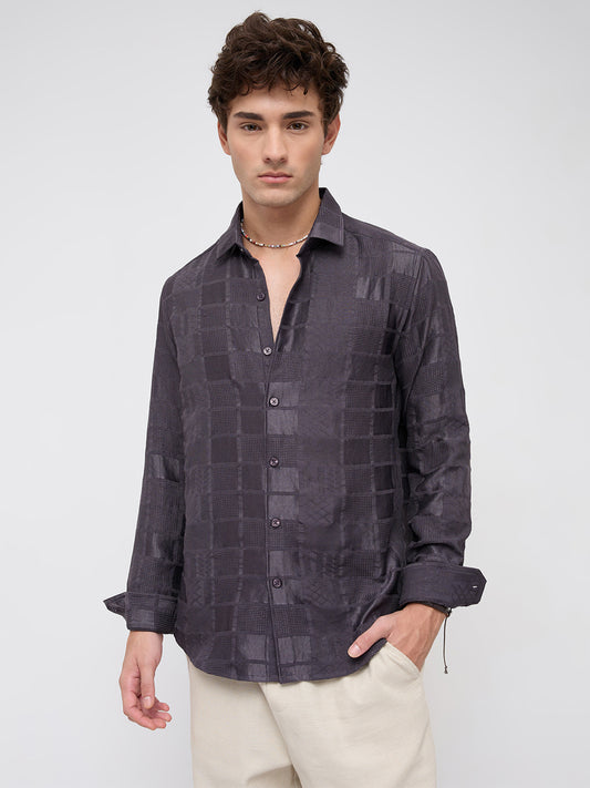 Charcoal Grey Block Checks Motif Embossed Shirt