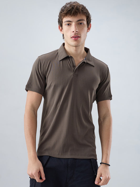 Refined Espresso Brown Hairline Striped Polo Knit T-Shirt