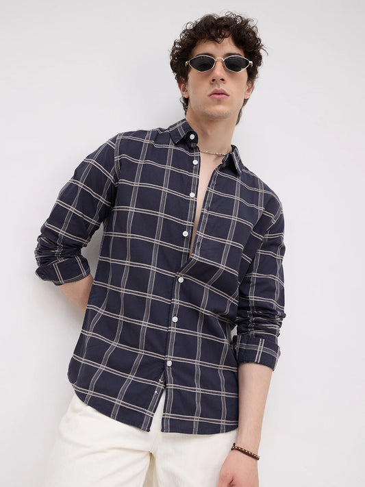 Navy Dimensional Contrast Windowpane Checks Shirt