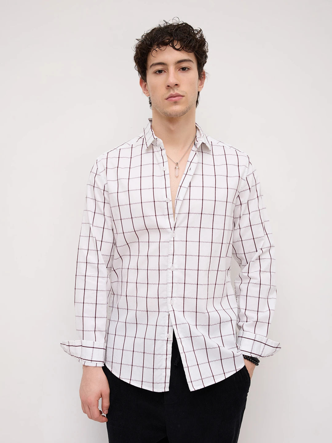 Snow White Geometric Detailed Checks Shirt