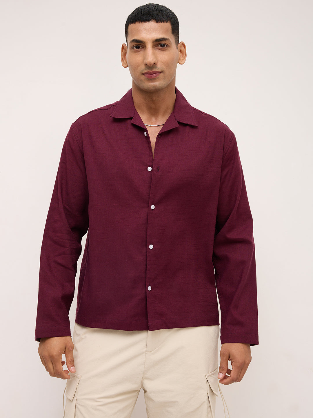 Maroon Fine Sheer Slub Textured Oversized Resort Collar Shirt