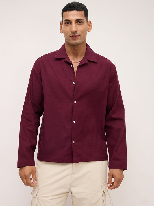 Maroon Fine Sheer Slub Textured Oversized Resort Collar Shirt