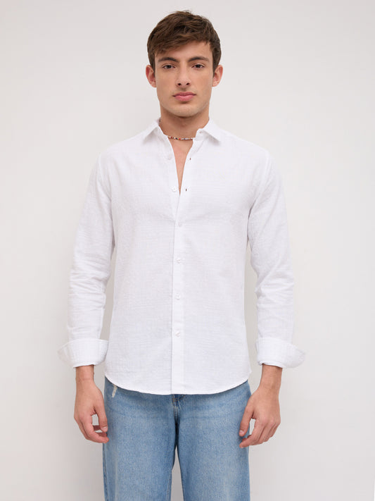 Plush Pearl White Ledger Checks Double Cloth Shirt