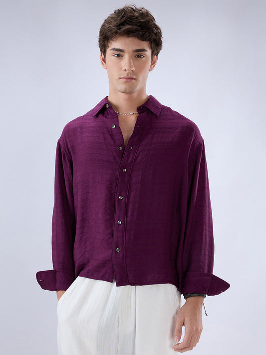 Deep Wine Horizontal Textured Oversized Crop Shirt