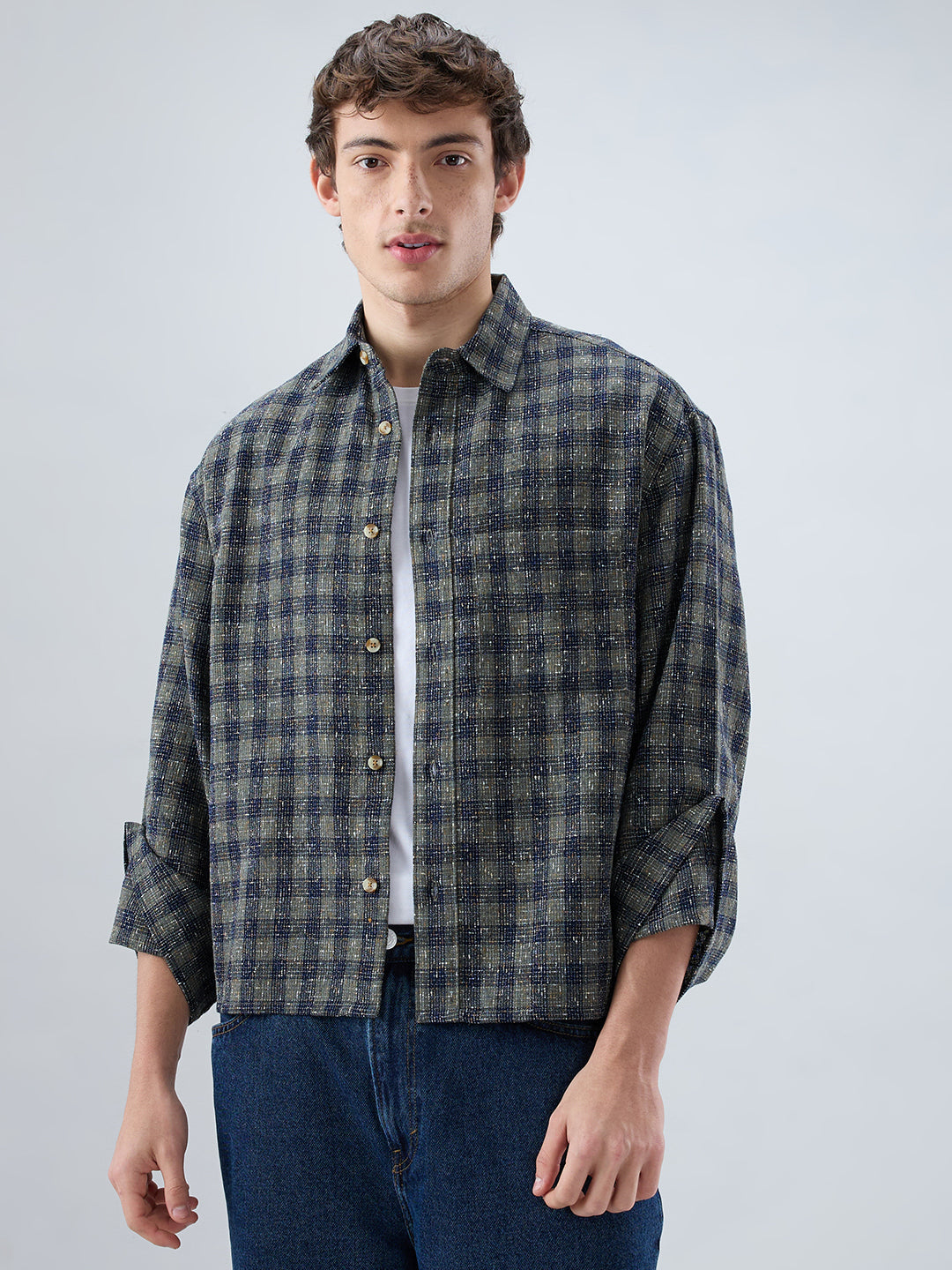 Riwaayat Glossy Olive Checked Oversized Crop Shirt