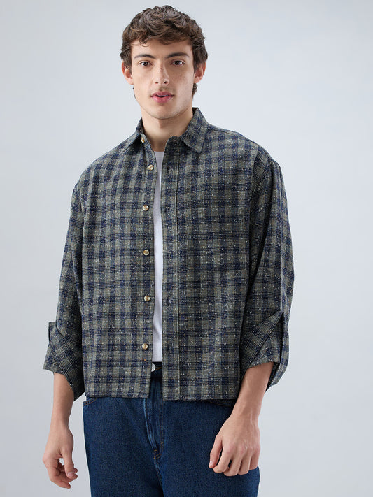 Riwaayat Glossy Olive Checked Oversized Crop Shirt