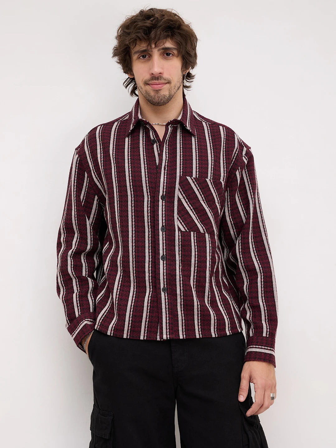 Maroon Contrast Striped Wintercrest Flannel Boxy Fit Crop Shirt