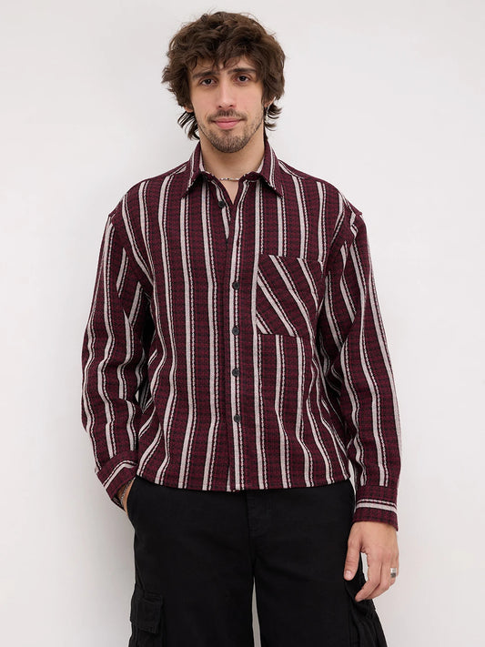 Maroon Contrast Striped Wintercrest Flannel Boxy Fit Crop Shirt