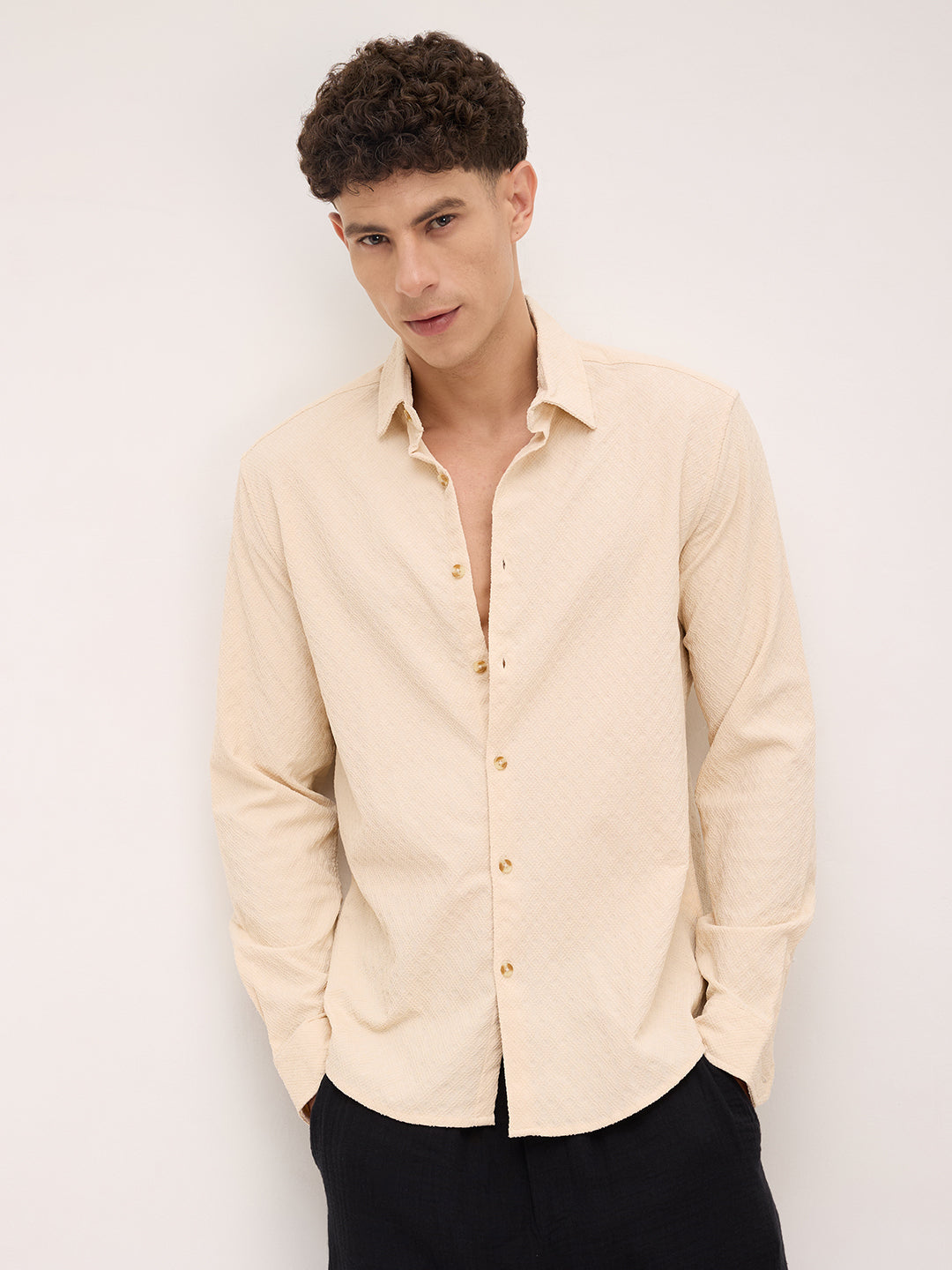 Oyster Cream Geometric Textured Shirt