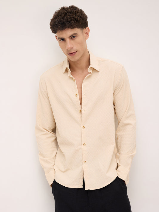 Oyster Cream Geometric Textured Shirt
