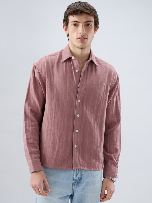 Dusty Peach Double Cloth Seersucker Striped Boxy Fit Crop Shirt