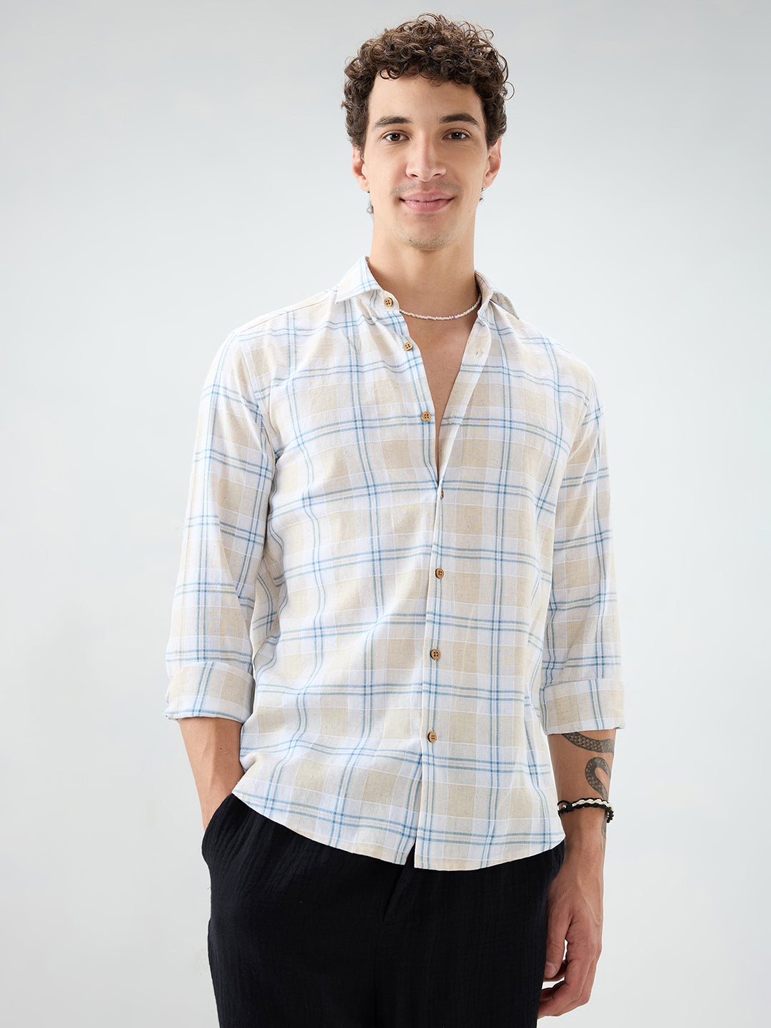 Soft Sand Contrast Windowpane Checks Linen Blend Shirt