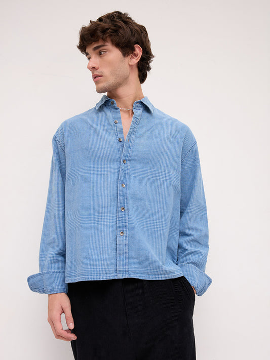 Premium Denim Fine Box Checks Boxy Fit Crop Shirt
