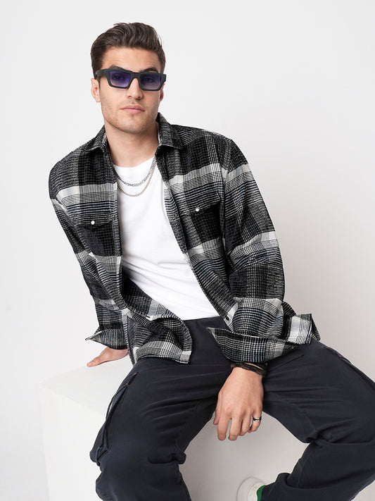 Black Checks Double Flap Pocket Corduroy Shirt