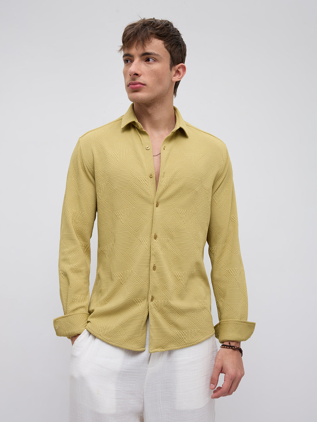Sunlit Mustard Maze Textured Knitted Shirt