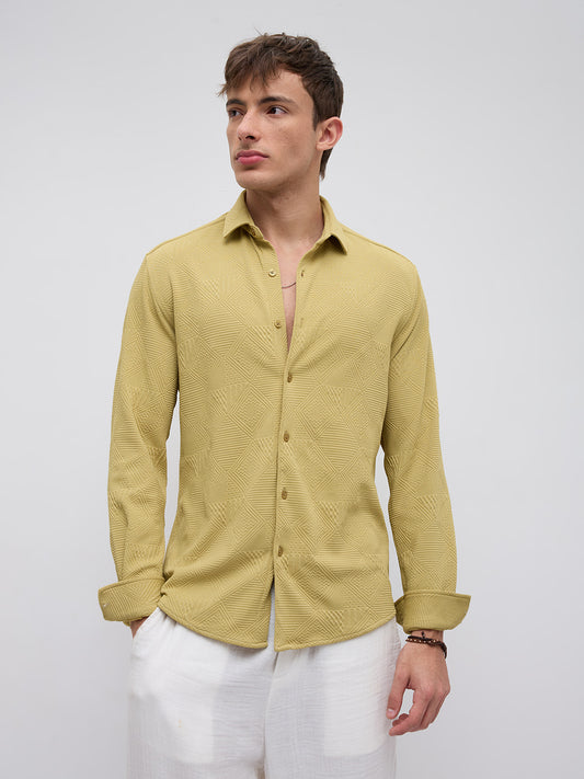 Sunlit Mustard Maze Textured Knitted Shirt