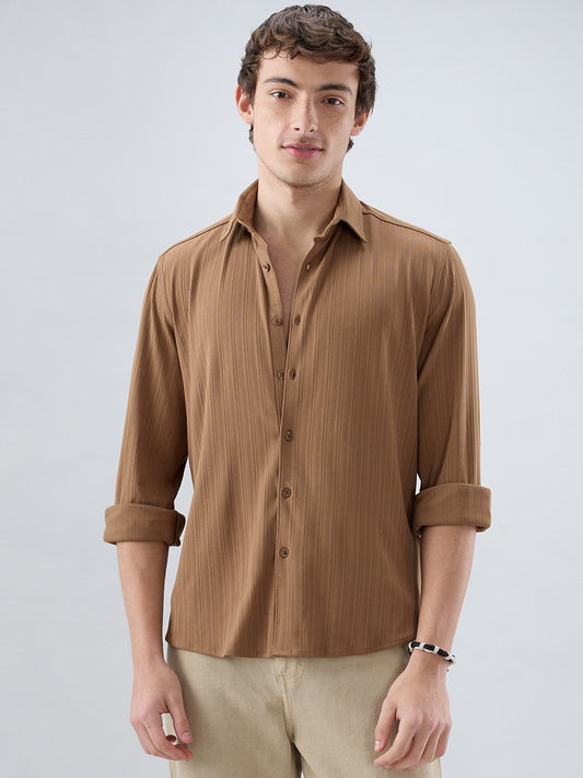 Copper Brown Fine Vertical Ribbed Knitted Shirt