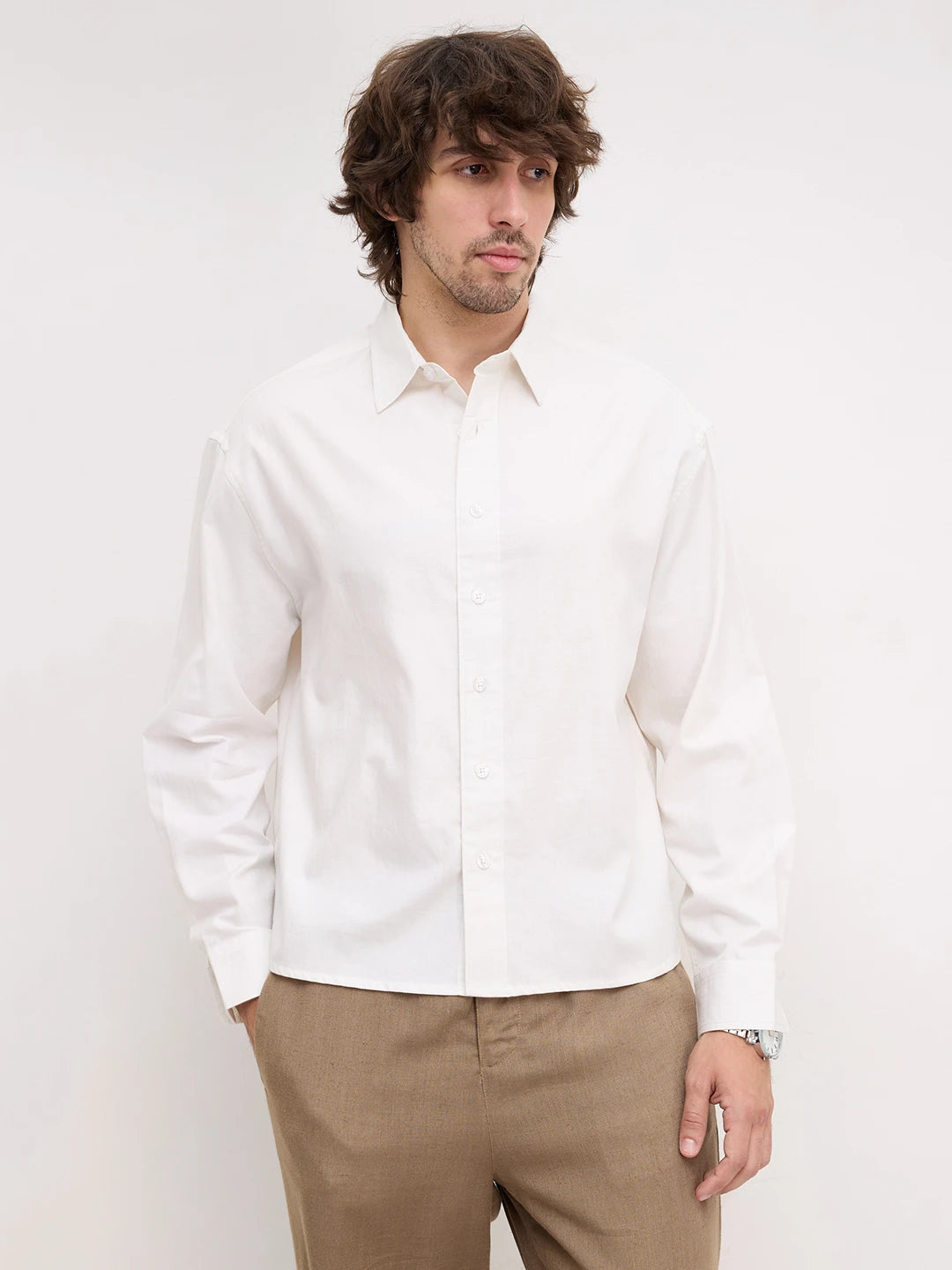 Pure White Herringbone Textured Boxy Fit Crop Shirt